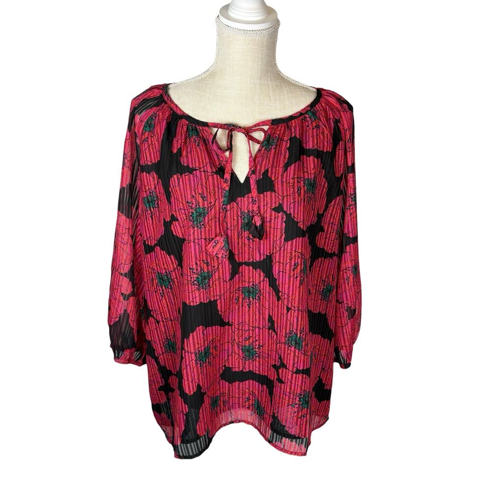 NWT Jade Melody Tam Semi-sheer Floral Blouse Women's XL 3/4 Sleeves Pink Black